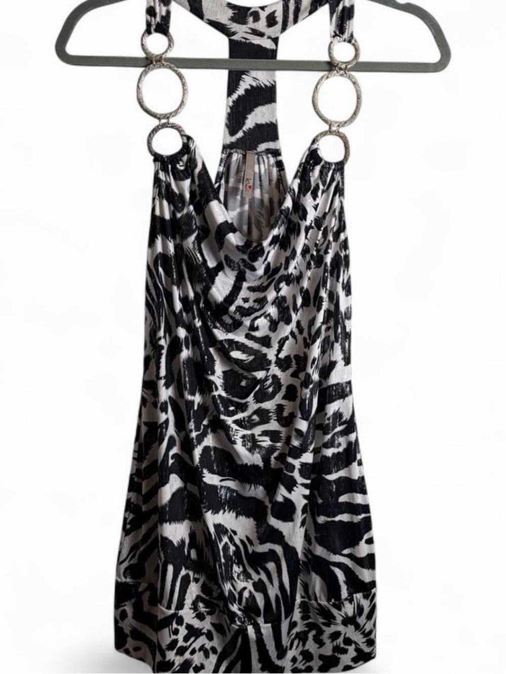 Y2K Zebra Animal Print Halter Mini Dress Silver Ring XL